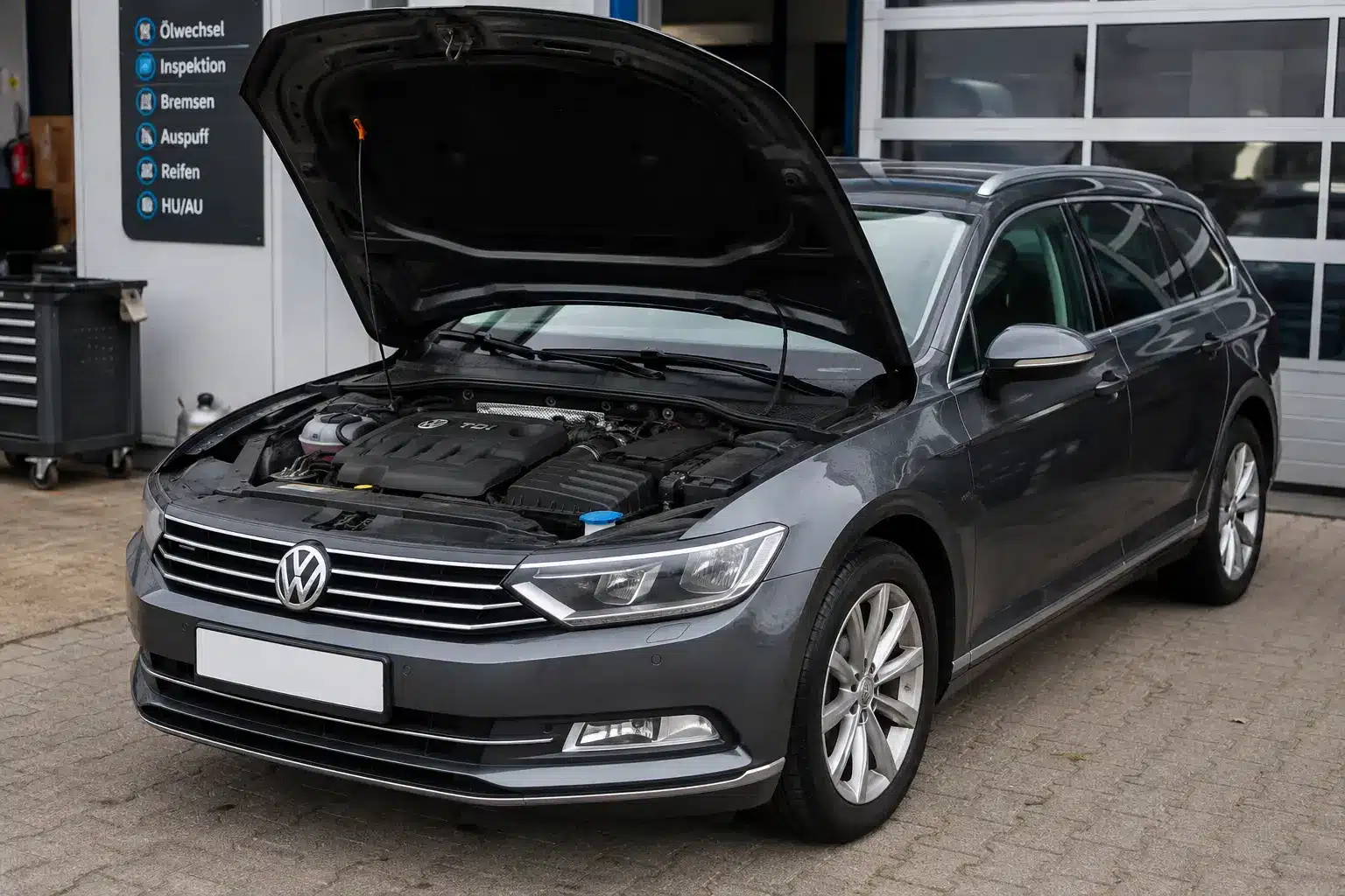 VW Passat mit Motorschaden und geöffneter Motorhaube