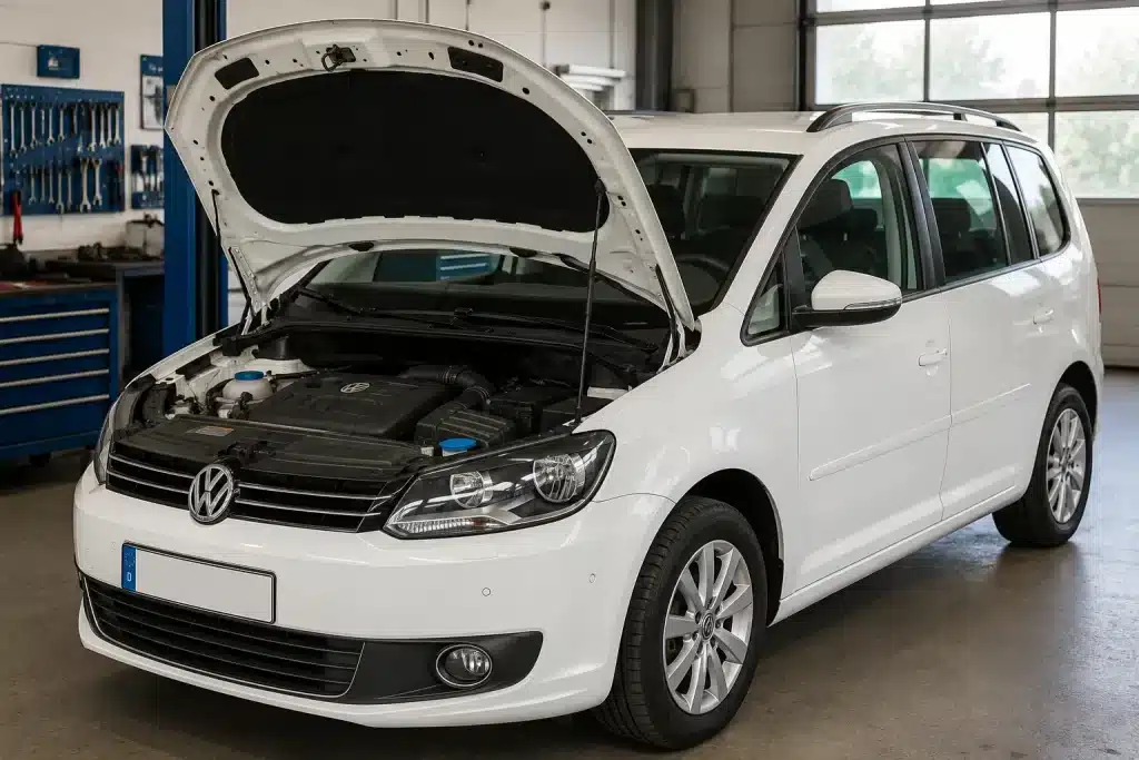 Weißer VW Touran mit Motorschaden und geöffneter Motorhaube