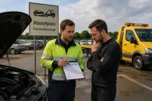 Auto nach Motorschaden auf dem Abstellplatz – Abschleppdienst vor Ort.