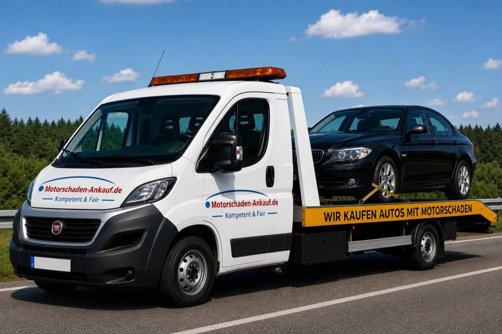 Fiat Ducato Abschleppwagen von Motorschaden Ankauf transportiert einen BMW mit Motorschaden zur Fahrzeugabholung.