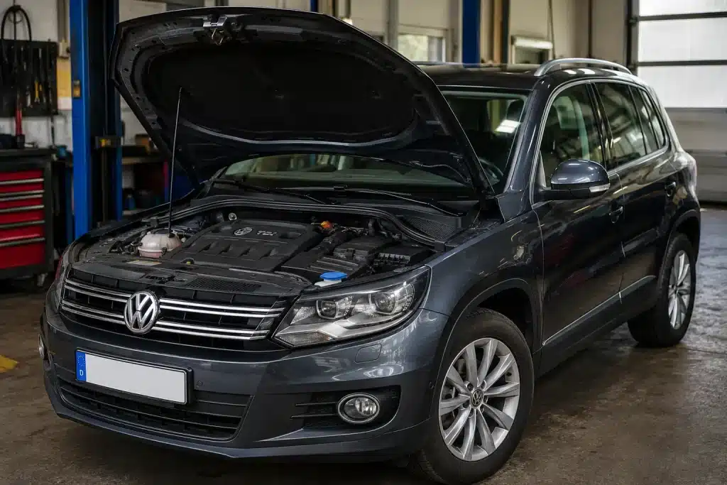 VW Tiguan mit Motorschaden und geöffneter Motorhaube