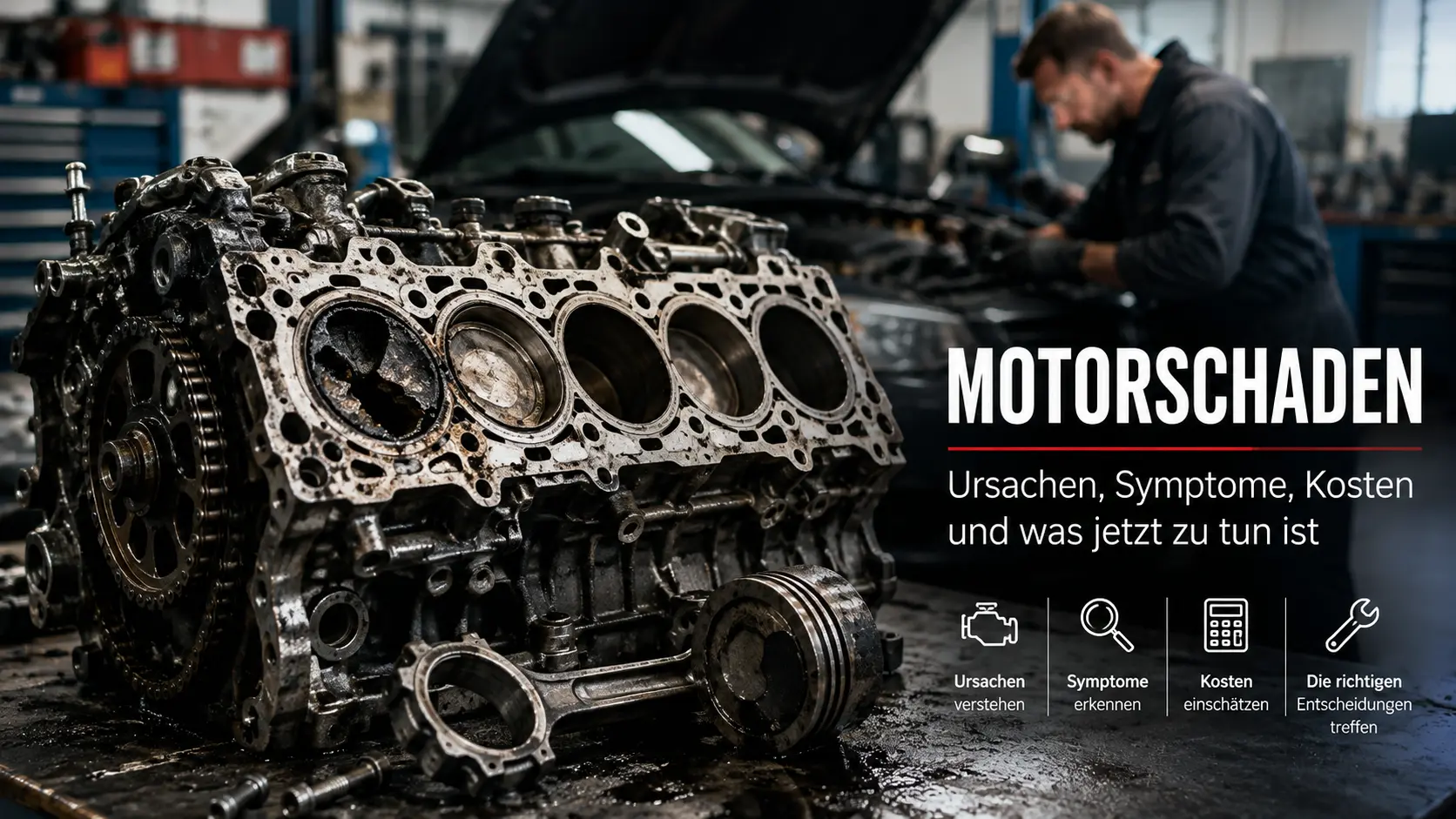 Motorschaden an einem beschädigten Automotor